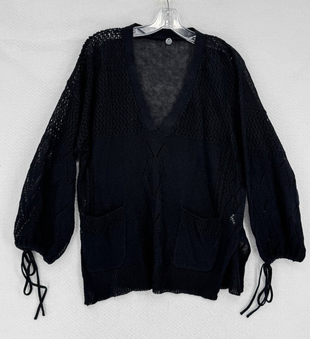 Margaret O'Leary Black 100% Linen Crochet V Neck Long Tie Sleeve Sweater Sz S